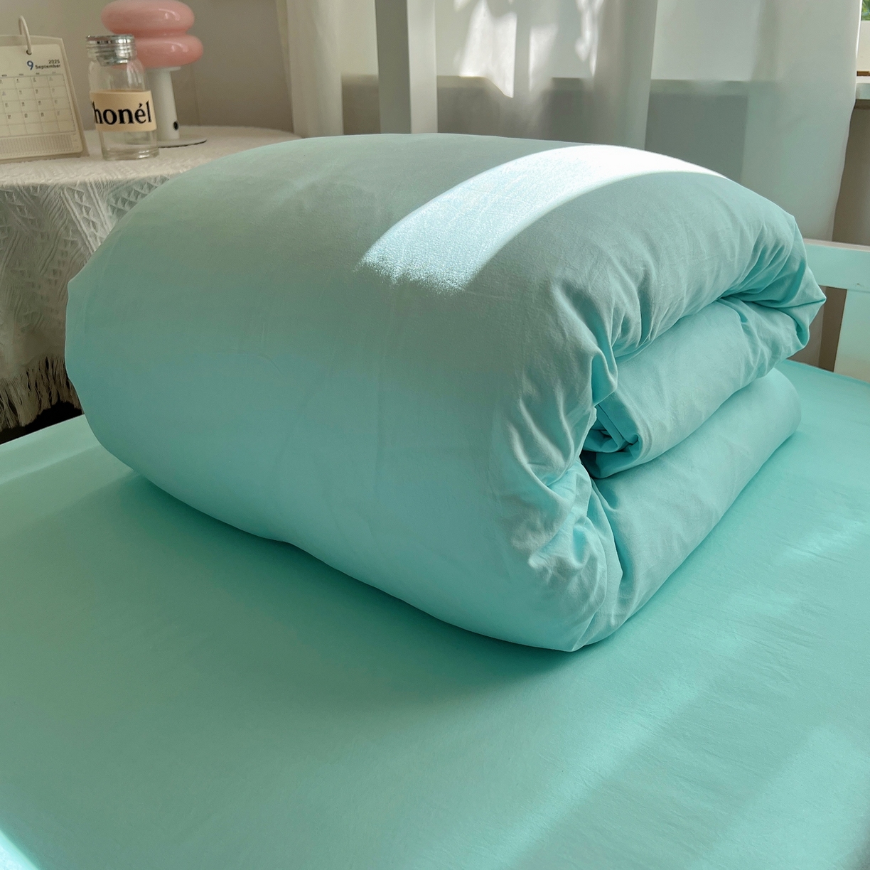 91家纺网 家纺一手货源 找家纺 缦绣阁家纺 2026新款亲肤水洗棉纯色四件套床单被罩被套单件学生宿舍上下铺单人三件套 纯色水绿