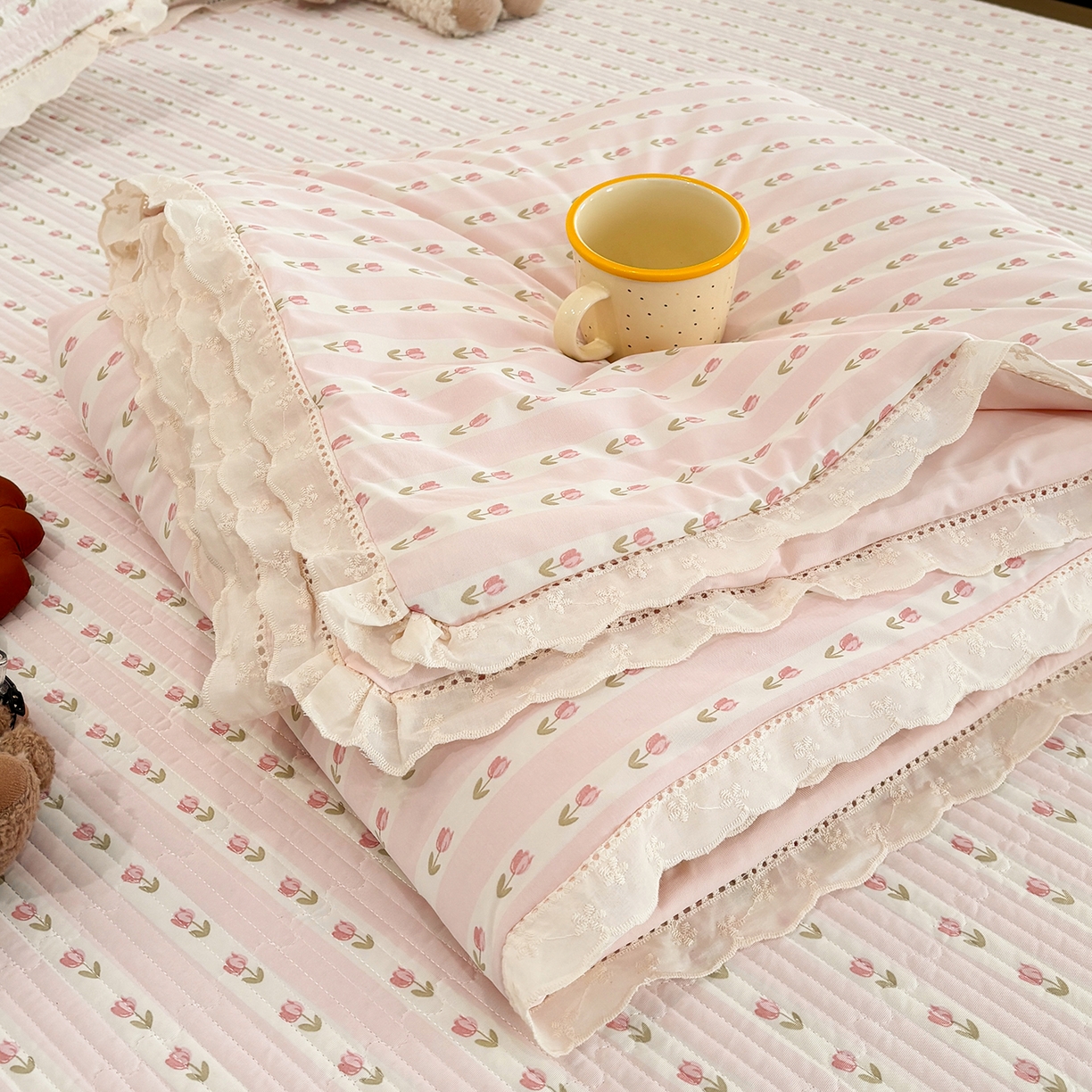 优悦生活馆 2026新款花边款锦氨凉感丝夏被 粉黛