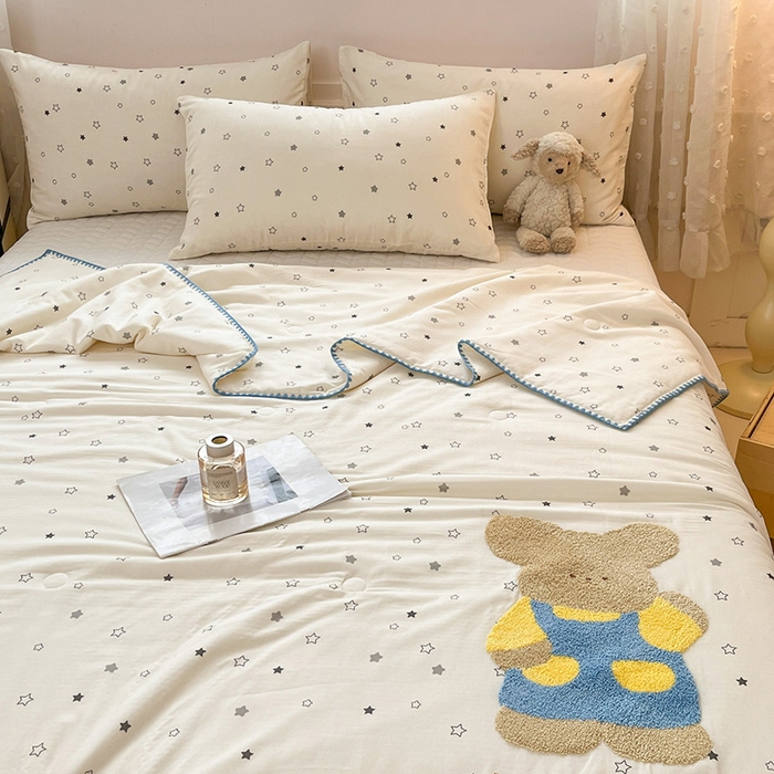 91家纺网 家纺一手货源 找家纺 一加一 2026新款全棉双层纱卡通毛巾绣大豆夏被夏凉被空调被-卡通生活 星星小兔