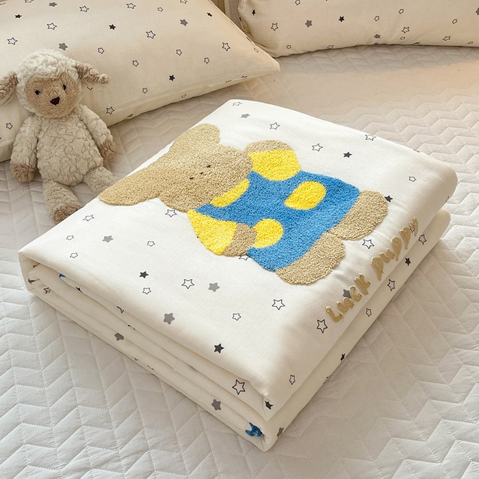 91家纺网 家纺一手货源 找家纺 一加一 2026新款全棉双层纱卡通毛巾绣大豆夏被夏凉被空调被-卡通生活 星星小兔