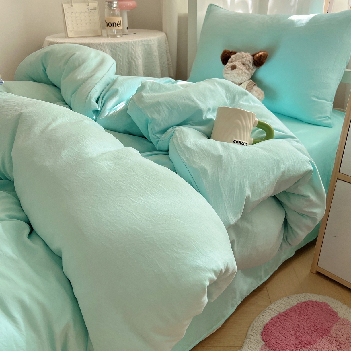 91家纺网 家纺一手货源 找家纺 缦绣阁家纺 2026新款亲肤水洗棉纯色四件套床单被罩被套单件学生宿舍上下铺单人三件套 纯色水绿