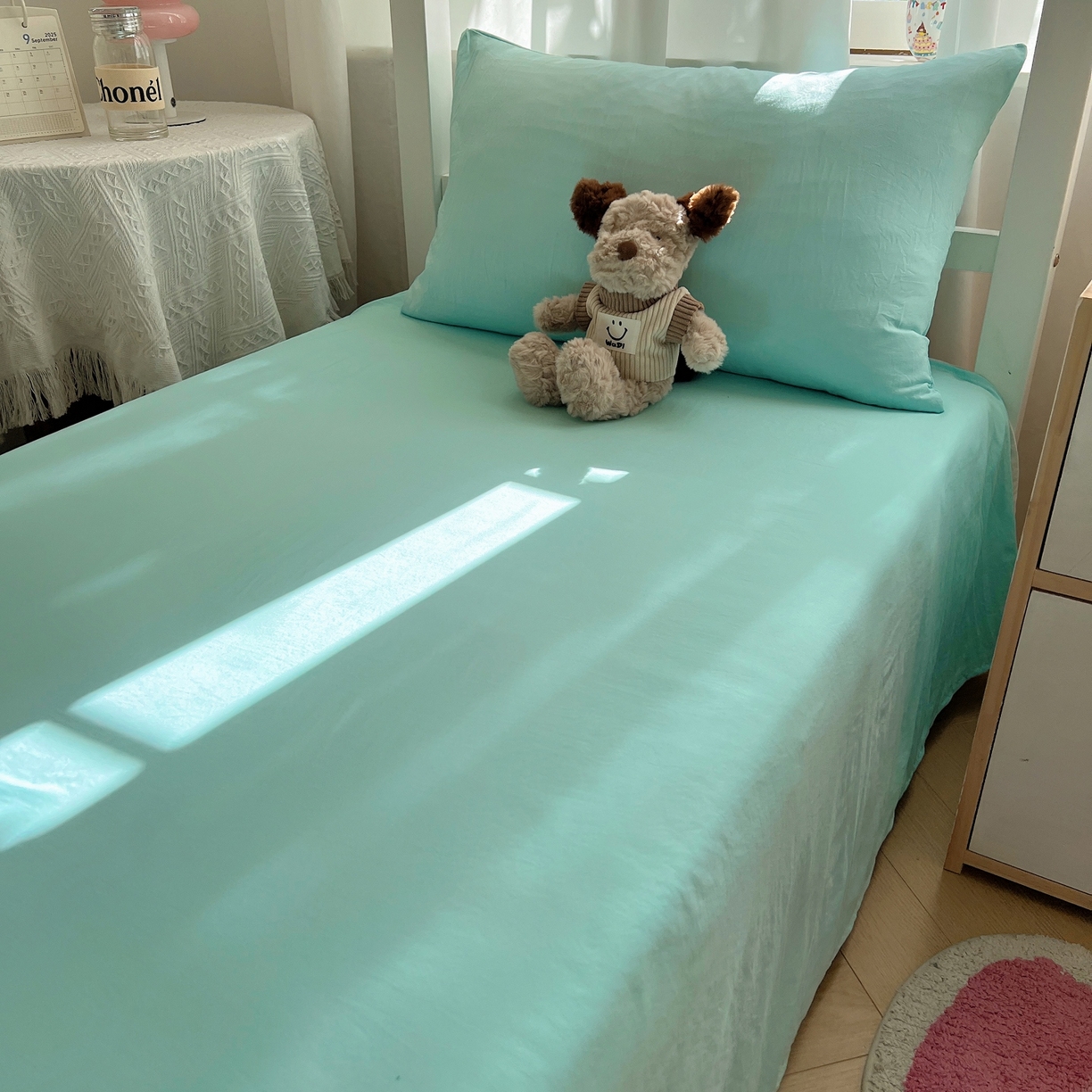 91家纺网 家纺一手货源 找家纺 缦绣阁家纺 2026新款亲肤水洗棉纯色四件套床单被罩被套单件学生宿舍上下铺单人三件套 纯色水绿