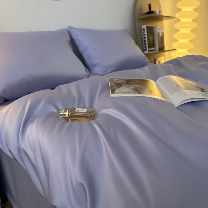 91家纺网 家纺一手货源 找家纺 缦绣阁家纺  2026新款夏季轻奢水洗冰丝四件套真丝简约纯色被罩被套学生宿舍三件套-洛可可系列 洛可可-淡雅紫