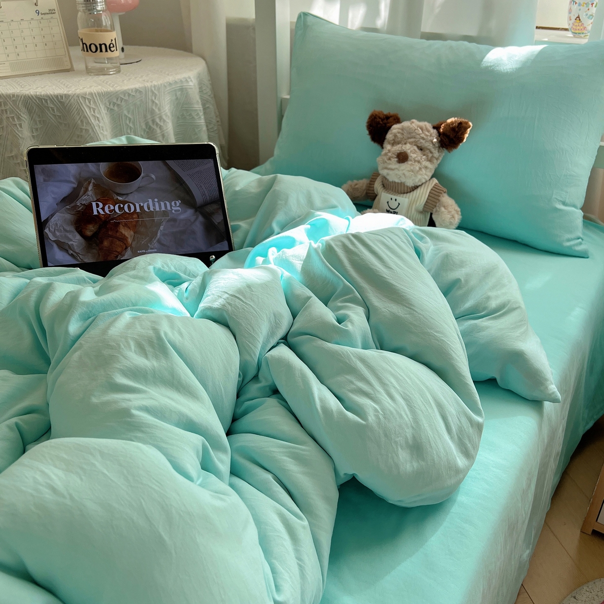 91家纺网 家纺一手货源 找家纺 缦绣阁家纺 2026新款亲肤水洗棉纯色四件套床单被罩被套单件学生宿舍上下铺单人三件套 纯色水绿