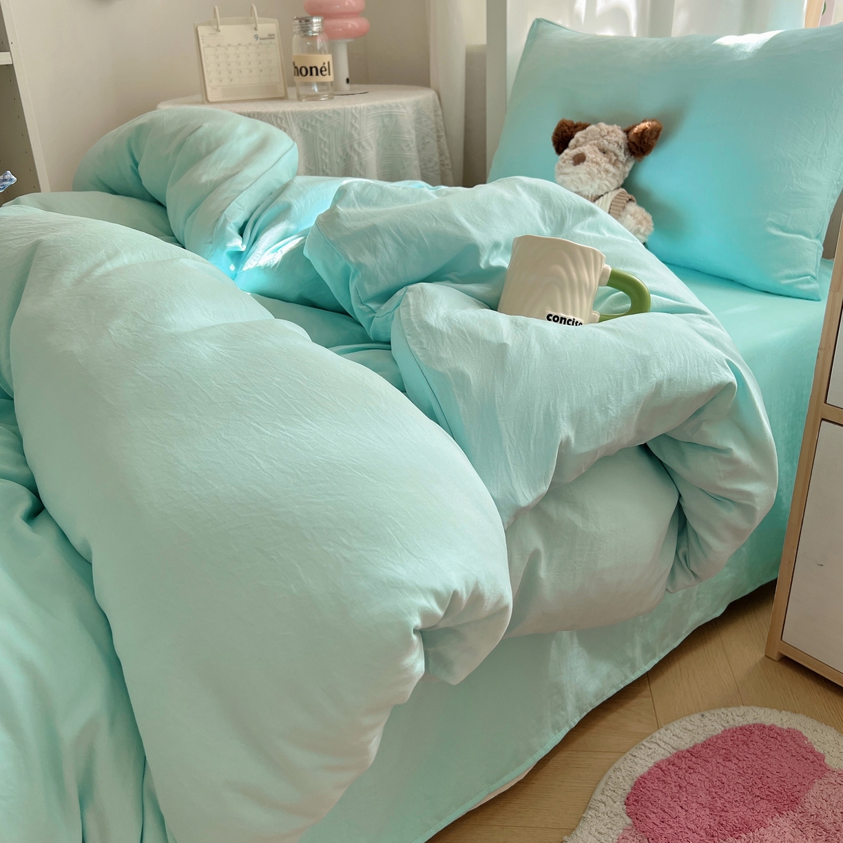 91家纺网 家纺一手货源 找家纺 缦绣阁家纺 2026新款亲肤水洗棉纯色四件套床单被罩被套单件学生宿舍上下铺单人三件套 纯色水绿