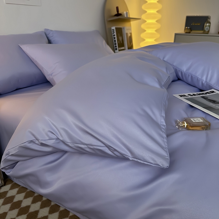 91家纺网 家纺一手货源 找家纺 缦绣阁家纺  2026新款夏季轻奢水洗冰丝四件套真丝简约纯色被罩被套学生宿舍三件套-洛可可系列 洛可可-淡雅紫