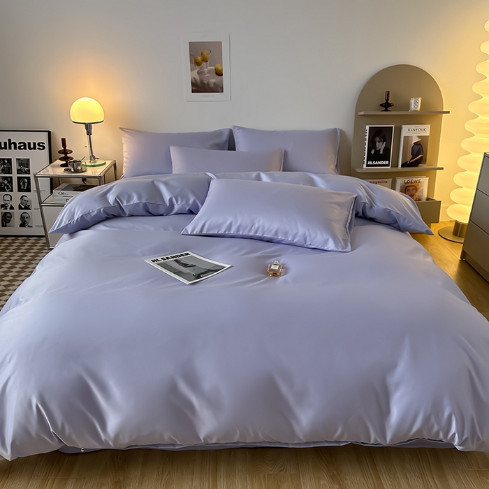 91家纺网 家纺一手货源 找家纺 缦绣阁家纺  2026新款夏季轻奢水洗冰丝四件套真丝简约纯色被罩被套学生宿舍三件套-洛可可系列 洛可可-淡雅紫