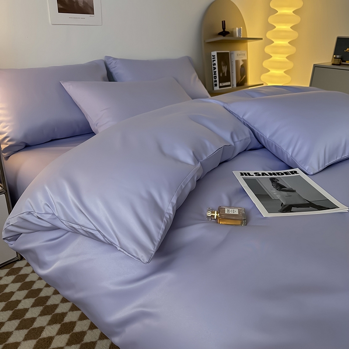 91家纺网 家纺一手货源 找家纺 缦绣阁家纺  2026新款夏季轻奢水洗冰丝四件套真丝简约纯色被罩被套学生宿舍三件套-洛可可系列 洛可可-淡雅紫