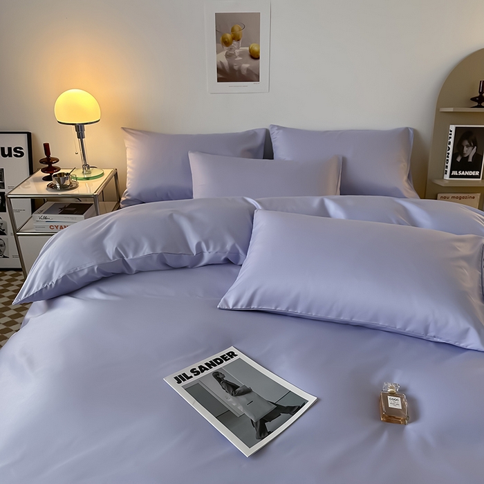 91家纺网 家纺一手货源 找家纺 缦绣阁家纺  2026新款夏季轻奢水洗冰丝四件套真丝简约纯色被罩被套学生宿舍三件套-洛可可系列 洛可可-淡雅紫