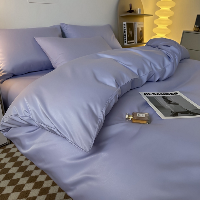 91家纺网 家纺一手货源 找家纺 缦绣阁家纺  2026新款夏季轻奢水洗冰丝四件套真丝简约纯色被罩被套学生宿舍三件套-洛可可系列 洛可可-淡雅紫