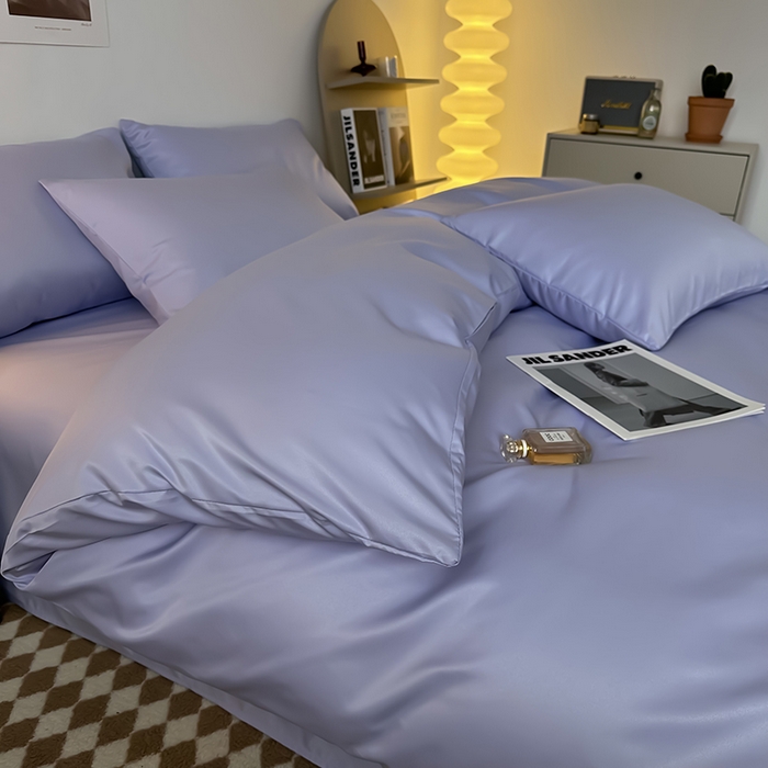 91家纺网 家纺一手货源 找家纺 缦绣阁家纺  2026新款夏季轻奢水洗冰丝四件套真丝简约纯色被罩被套学生宿舍三件套-洛可可系列 洛可可-淡雅紫