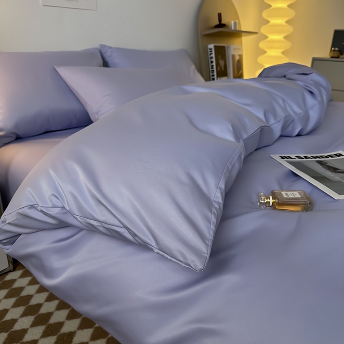 91家纺网 家纺一手货源 找家纺 缦绣阁家纺  2026新款夏季轻奢水洗冰丝四件套真丝简约纯色被罩被套学生宿舍三件套-洛可可系列 洛可可-淡雅紫