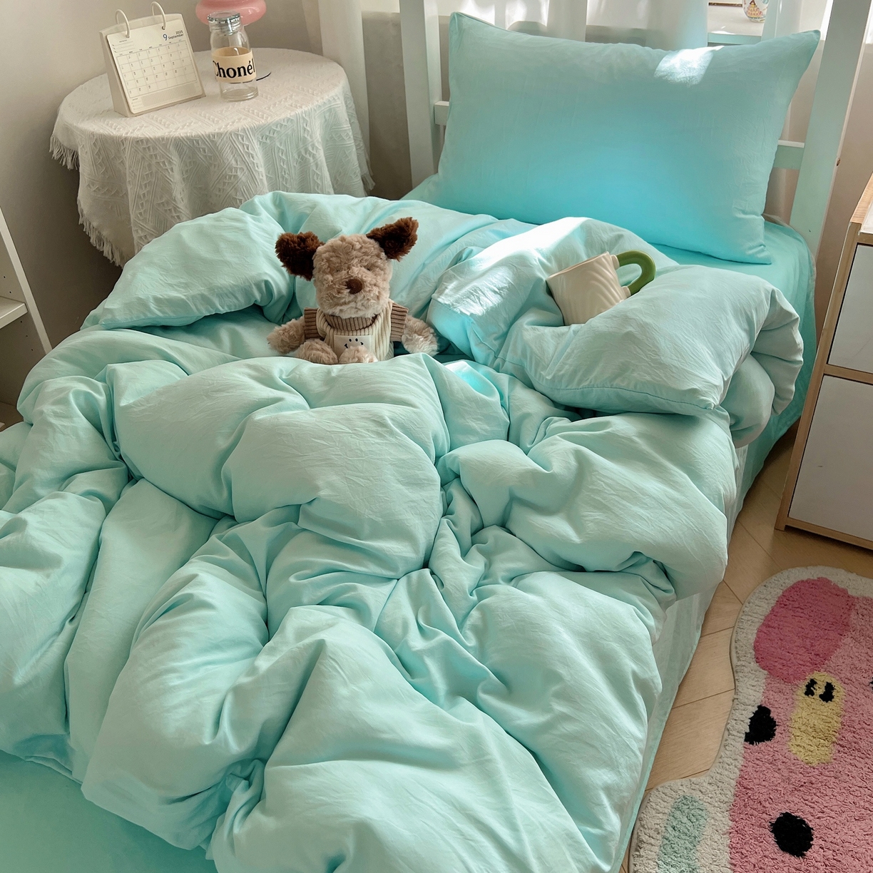 91家纺网 家纺一手货源 找家纺 缦绣阁家纺 2026新款亲肤水洗棉纯色四件套床单被罩被套单件学生宿舍上下铺单人三件套 纯色水绿