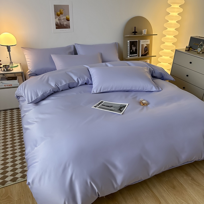 91家纺网 家纺一手货源 找家纺 缦绣阁家纺  2026新款夏季轻奢水洗冰丝四件套真丝简约纯色被罩被套学生宿舍三件套-洛可可系列 洛可可-淡雅紫