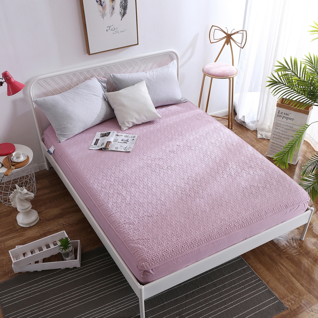 沁童儿童用品店 2026新款高克重磨毛水洗斜纹床笠全包加棉款 粉色