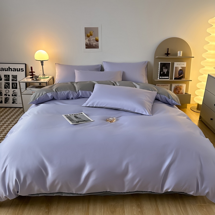 91家纺网 家纺一手货源 找家纺 缦绣阁家纺  2026新款夏季轻奢水洗冰丝四件套真丝简约纯色被罩被套学生宿舍三件套-洛可可系列 洛可可-淡雅紫+浅灰