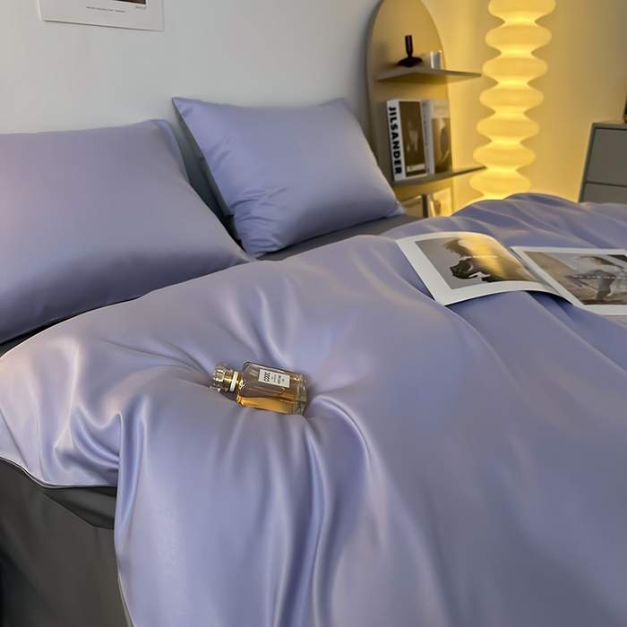 91家纺网 家纺一手货源 找家纺 缦绣阁家纺  2026新款夏季轻奢水洗冰丝四件套真丝简约纯色被罩被套学生宿舍三件套-洛可可系列 洛可可-淡雅紫+浅灰