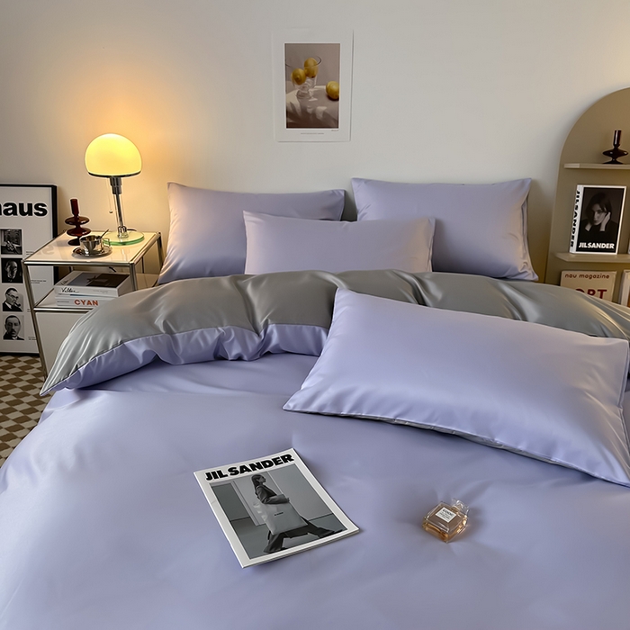 91家纺网 家纺一手货源 找家纺 缦绣阁家纺  2026新款夏季轻奢水洗冰丝四件套真丝简约纯色被罩被套学生宿舍三件套-洛可可系列 洛可可-淡雅紫+浅灰