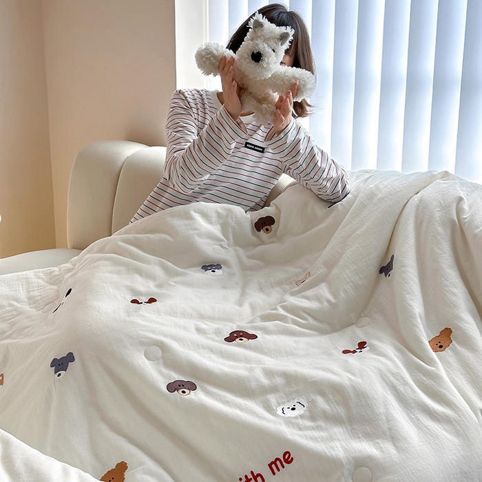 91家纺网 家纺一手货源 找家纺 （总）一加一 2026新款全棉双层纱刺绣大豆夏被-棉纱萌趣