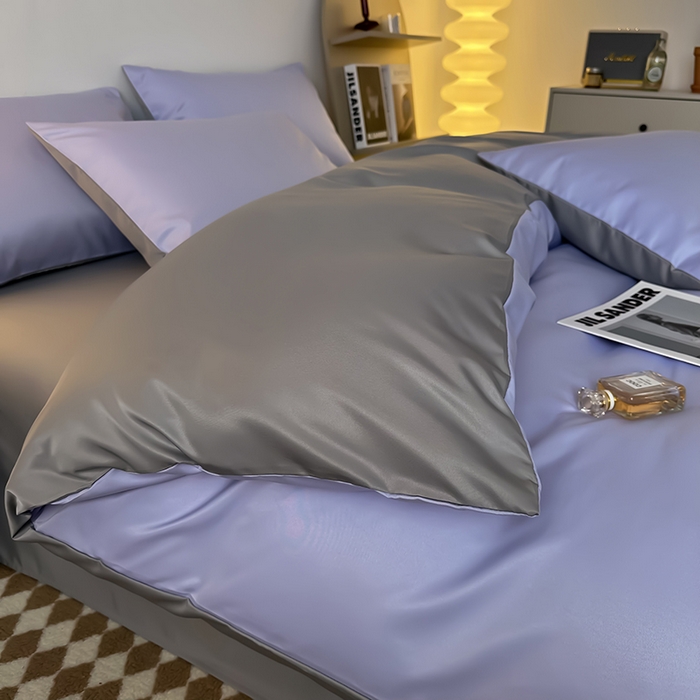 91家纺网 家纺一手货源 找家纺 缦绣阁家纺  2026新款夏季轻奢水洗冰丝四件套真丝简约纯色被罩被套学生宿舍三件套-洛可可系列 洛可可-淡雅紫+浅灰