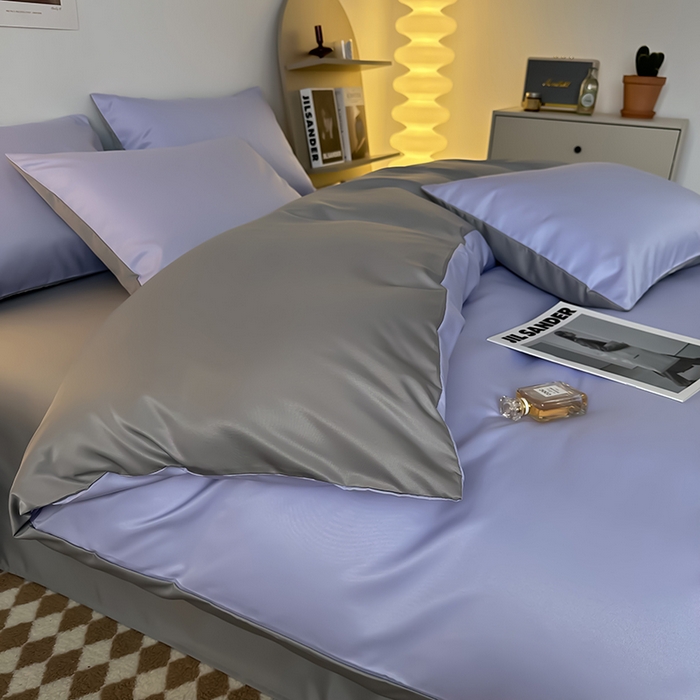 91家纺网 家纺一手货源 找家纺 缦绣阁家纺  2026新款夏季轻奢水洗冰丝四件套真丝简约纯色被罩被套学生宿舍三件套-洛可可系列 洛可可-淡雅紫+浅灰