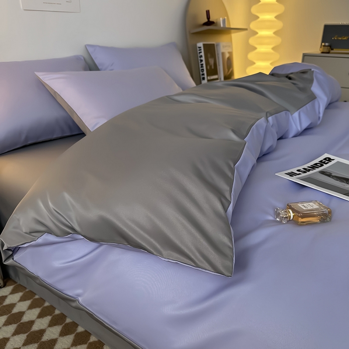 91家纺网 家纺一手货源 找家纺 缦绣阁家纺  2026新款夏季轻奢水洗冰丝四件套真丝简约纯色被罩被套学生宿舍三件套-洛可可系列 洛可可-淡雅紫+浅灰