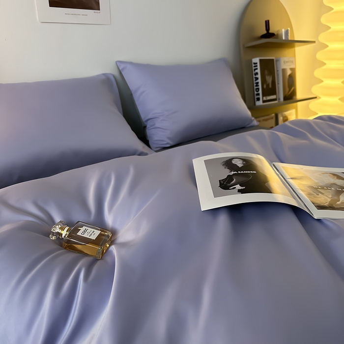 91家纺网 家纺一手货源 找家纺 缦绣阁家纺  2026新款夏季轻奢水洗冰丝四件套真丝简约纯色被罩被套学生宿舍三件套-洛可可系列 洛可可-淡雅紫+浅灰