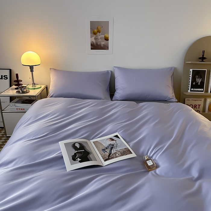 91家纺网 家纺一手货源 找家纺 缦绣阁家纺  2026新款夏季轻奢水洗冰丝四件套真丝简约纯色被罩被套学生宿舍三件套-洛可可系列 洛可可-淡雅紫+浅灰