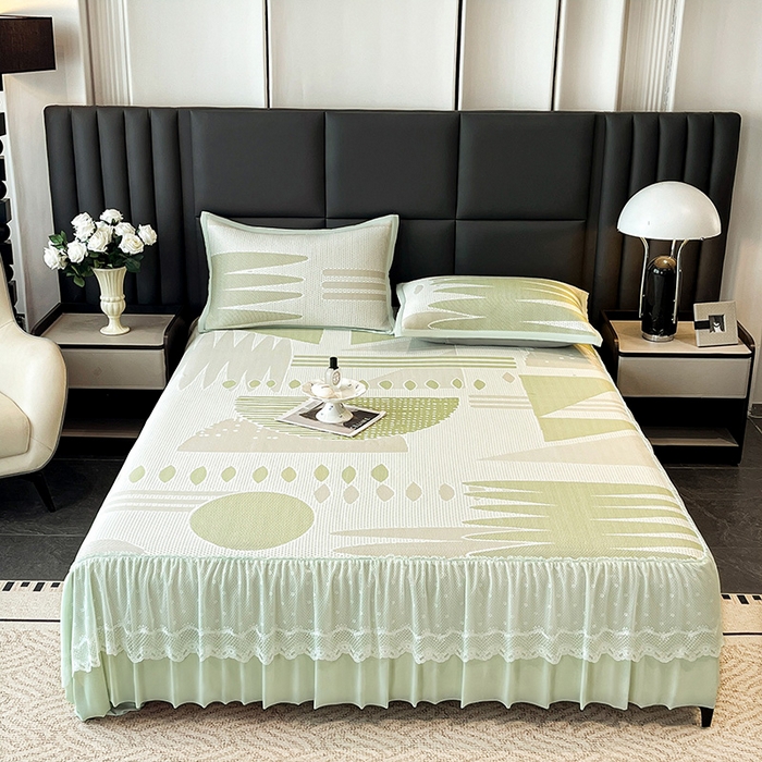 91家纺网 家纺一手货源 找家纺 （总）宜派家纺 2026新款几何PE凉感丝床裙款凉席三件套