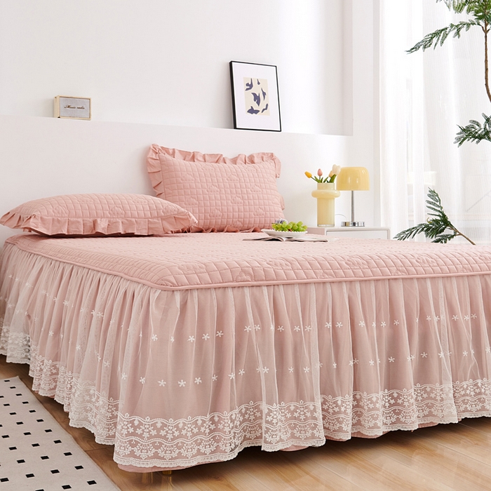 沁童儿童用品店 2026新款全棉纯棉夹棉花边床裙系列 淡粉色