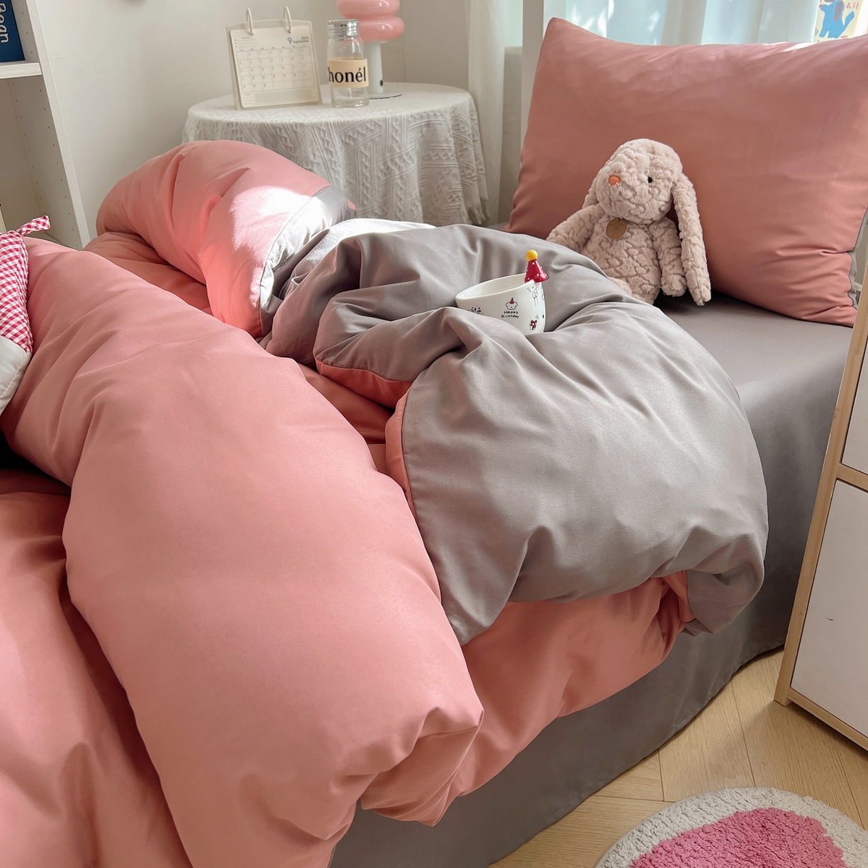 91家纺网 家纺一手货源 找家纺 缦绣阁家纺 2026新款亲肤水洗棉纯色四件套床单被罩被套单件学生宿舍上下铺单人三件套 豆沙浅灰