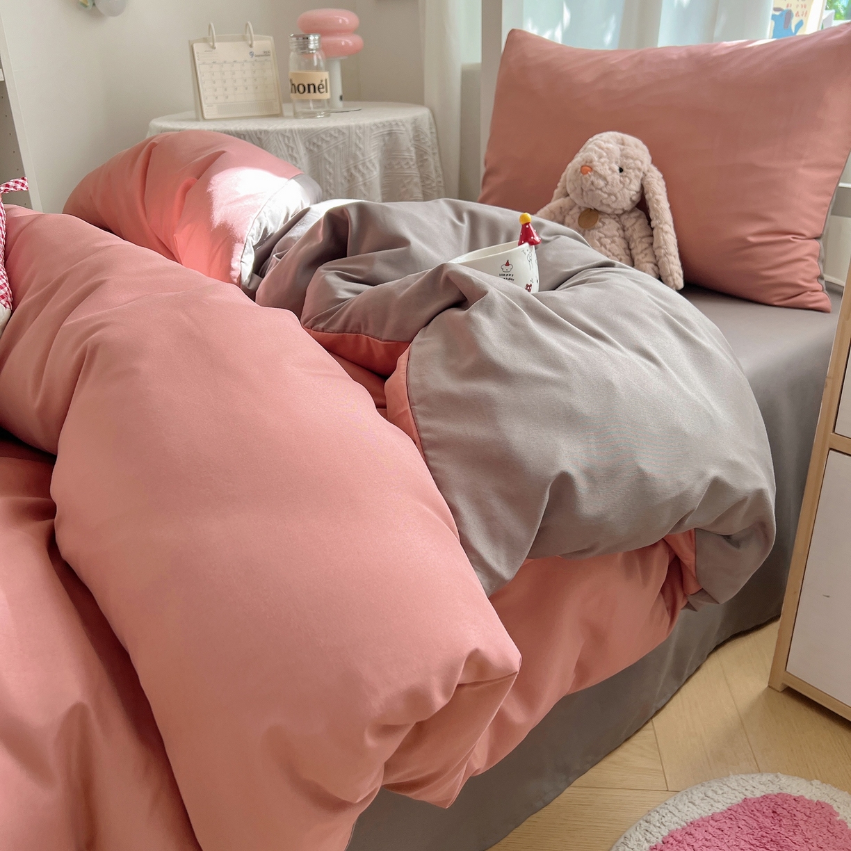 91家纺网 家纺一手货源 找家纺 缦绣阁家纺 2026新款亲肤水洗棉纯色四件套床单被罩被套单件学生宿舍上下铺单人三件套 豆沙浅灰