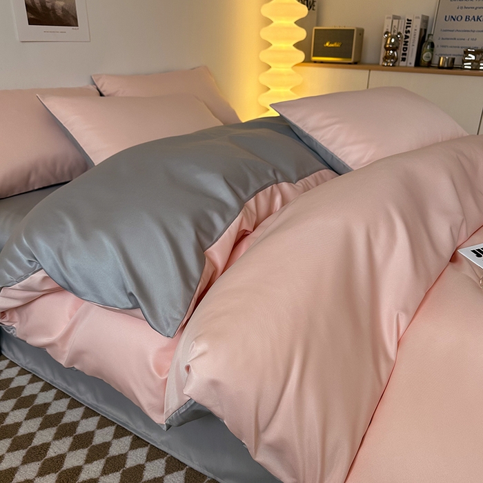缦绣阁家纺  2026新款夏季轻奢水洗冰丝四件套真丝简约纯色被罩被套学生宿舍三件套-洛可可系列 洛可可-粉色+银灰