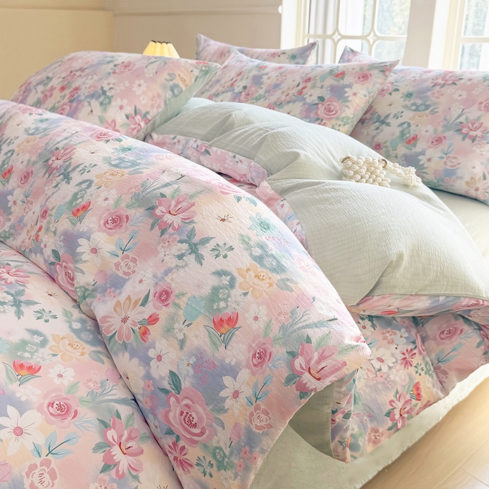 91家纺网 家纺一手货源 找家纺 （总）悠米悠家 2026新款亲肤舒适木棉双层纱印花四件套