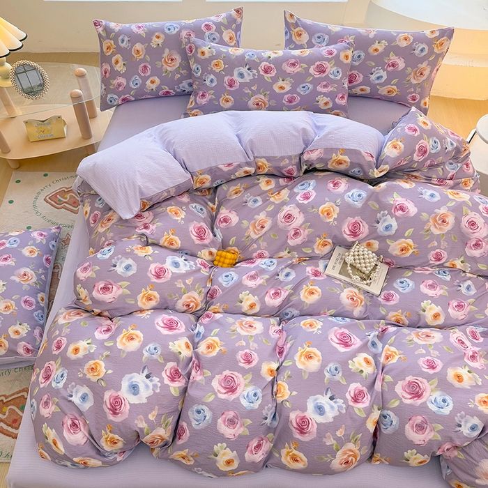 91家纺网 家纺一手货源 找家纺 悠米悠家 2026新款亲肤舒适木棉双层纱印花四件套 花漾玫瑰