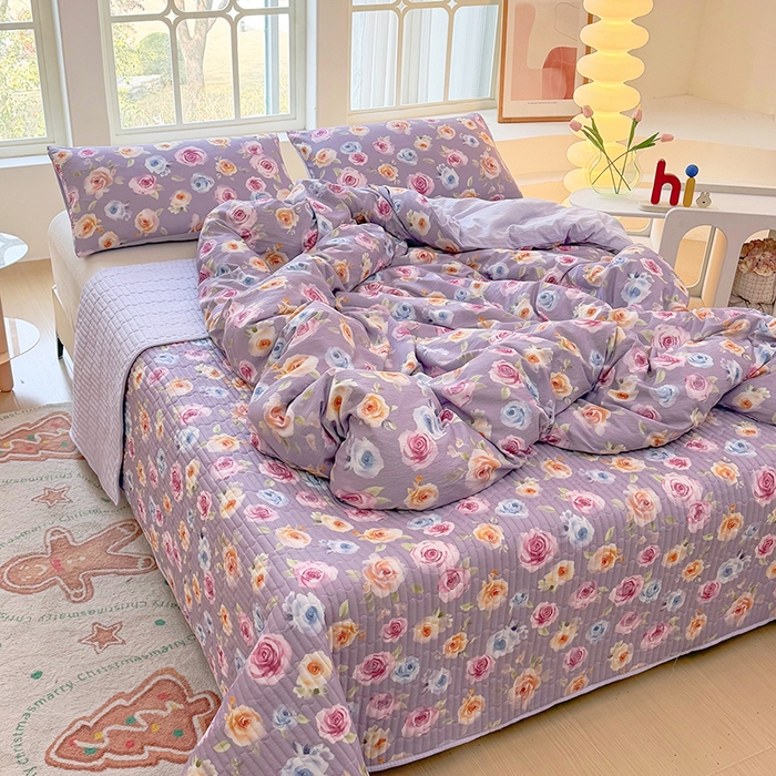 91家纺网 家纺一手货源 找家纺 悠米悠家 2026新款亲肤舒适木棉双层纱印花四件套 花漾玫瑰