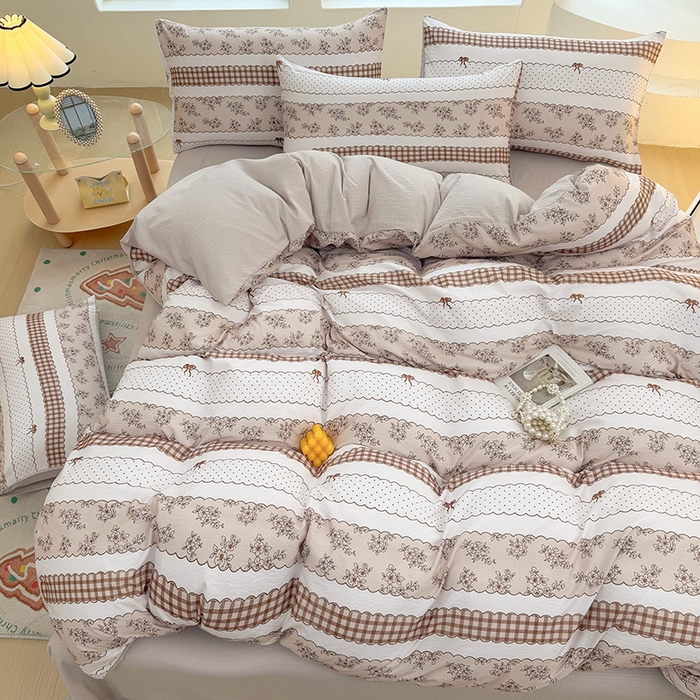 91家纺网 家纺一手货源 找家纺 悠米悠家 2026新款亲肤舒适木棉双层纱印花四件套 焦糖花境