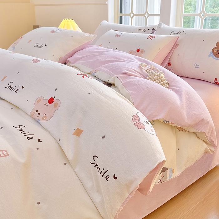 91家纺网 家纺一手货源 找家纺 悠米悠家 2026新款亲肤舒适木棉双层纱印花四件套 萌趣派对