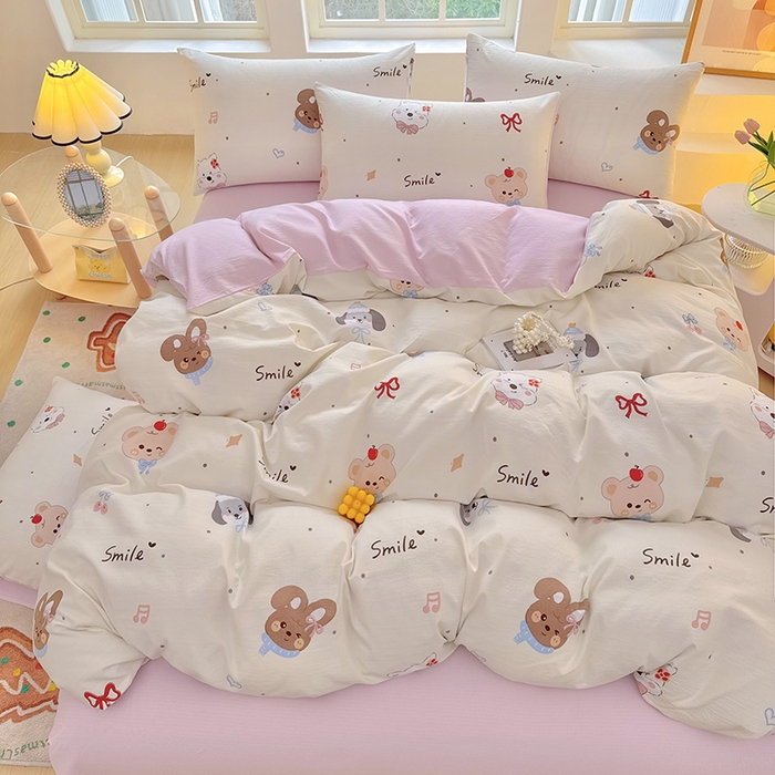 91家纺网 家纺一手货源 找家纺 悠米悠家 2026新款亲肤舒适木棉双层纱印花四件套 萌趣派对