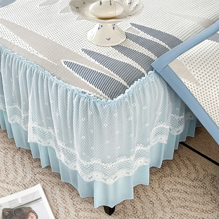 91家纺网 家纺一手货源 找家纺 宜派家纺 2026新款几何PE凉感丝床裙款凉席三件套 几何蓝-床裙