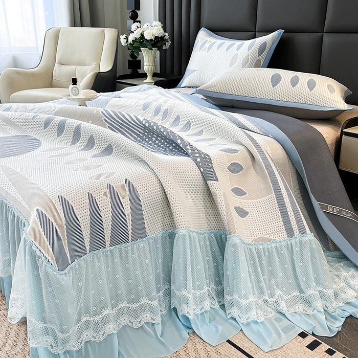 91家纺网 家纺一手货源 找家纺 宜派家纺 2026新款几何PE凉感丝床裙款凉席三件套 几何蓝-床裙
