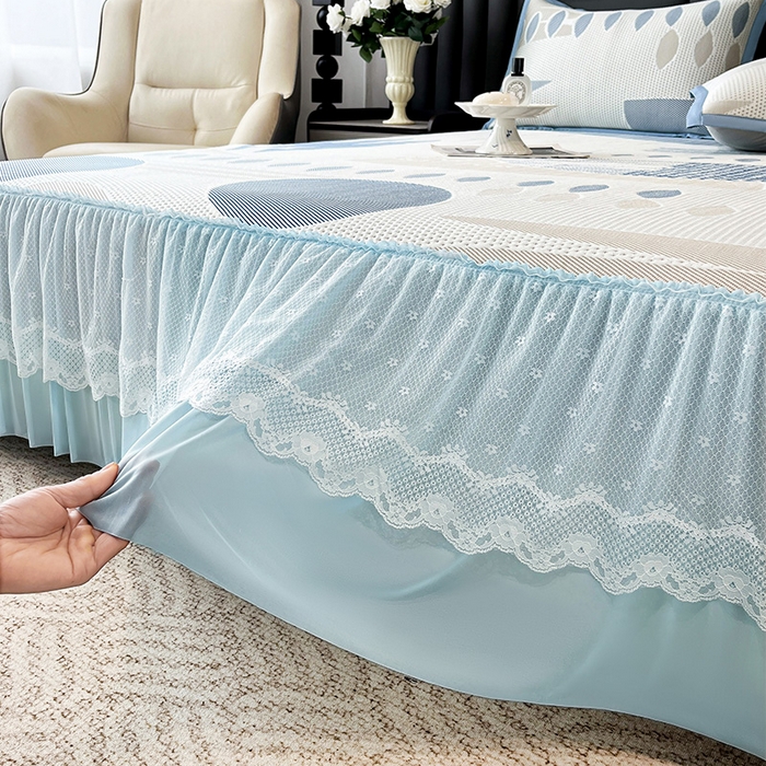 91家纺网 家纺一手货源 找家纺 宜派家纺 2026新款几何PE凉感丝床裙款凉席三件套 几何蓝-床裙