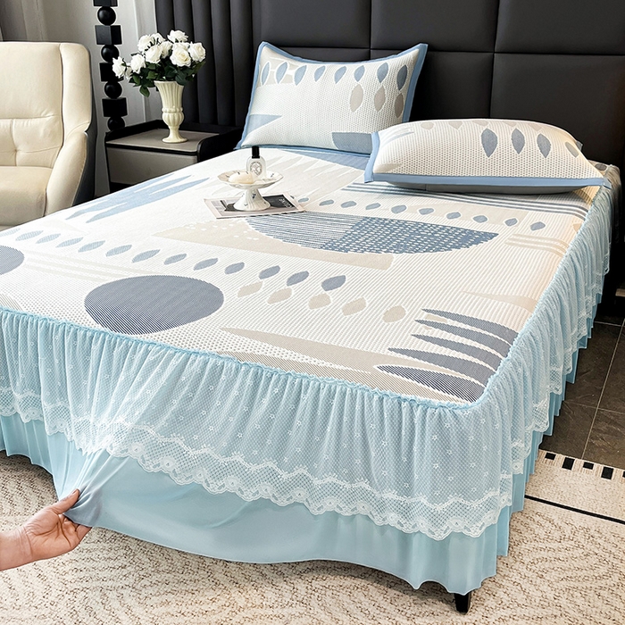 91家纺网 家纺一手货源 找家纺 宜派家纺 2026新款几何PE凉感丝床裙款凉席三件套 几何蓝-床裙