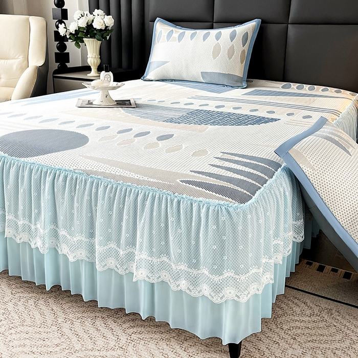 91家纺网 家纺一手货源 找家纺 宜派家纺 2026新款几何PE凉感丝床裙款凉席三件套 几何蓝-床裙