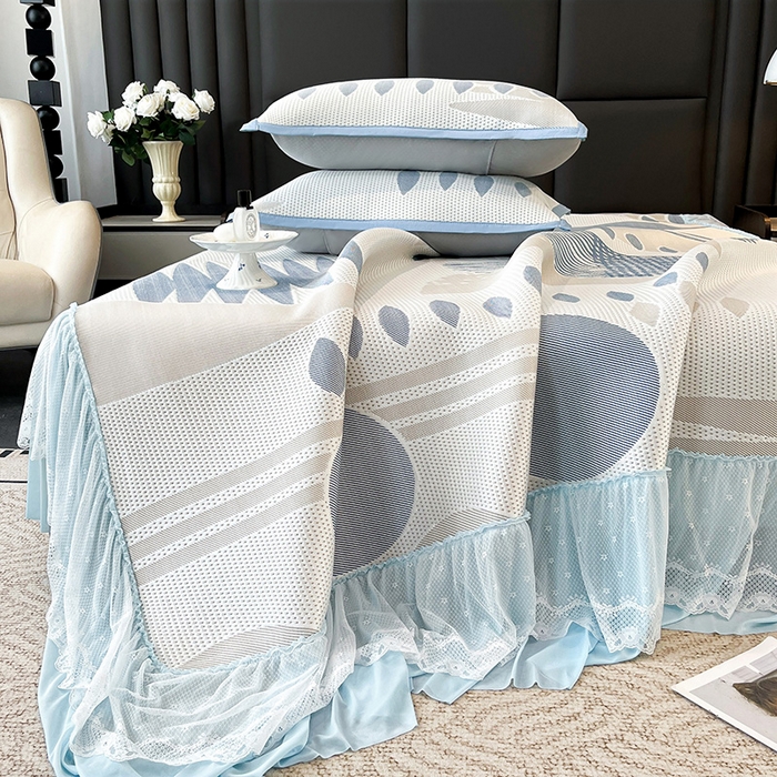 91家纺网 家纺一手货源 找家纺 宜派家纺 2026新款几何PE凉感丝床裙款凉席三件套 几何蓝-床裙