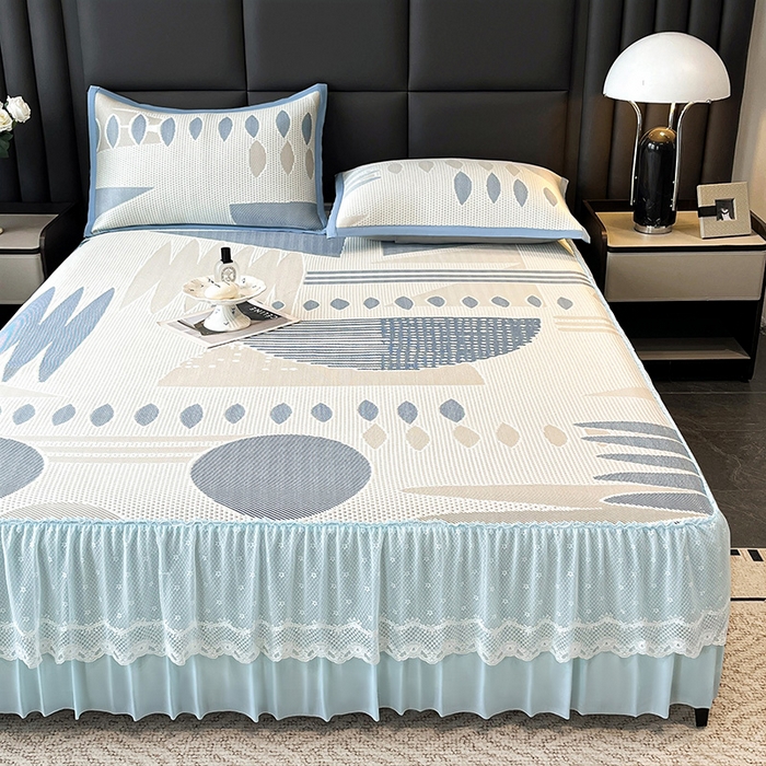 91家纺网 家纺一手货源 找家纺 宜派家纺 2026新款几何PE凉感丝床裙款凉席三件套 几何蓝-床裙