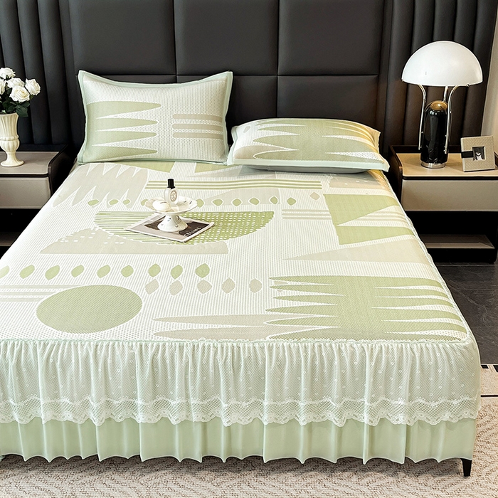 91家纺网 家纺一手货源 找家纺 宜派家纺 2026新款几何PE凉感丝床裙款凉席三件套 几何绿-床裙