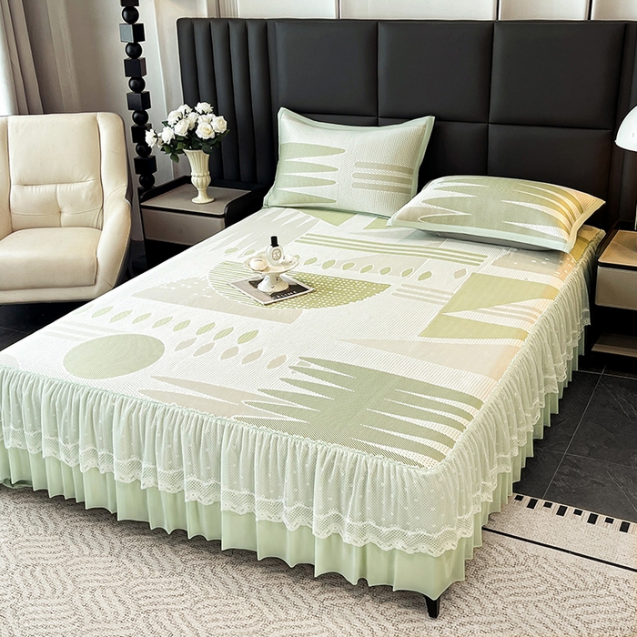 91家纺网 家纺一手货源 找家纺 宜派家纺 2026新款几何PE凉感丝床裙款凉席三件套 几何绿-床裙