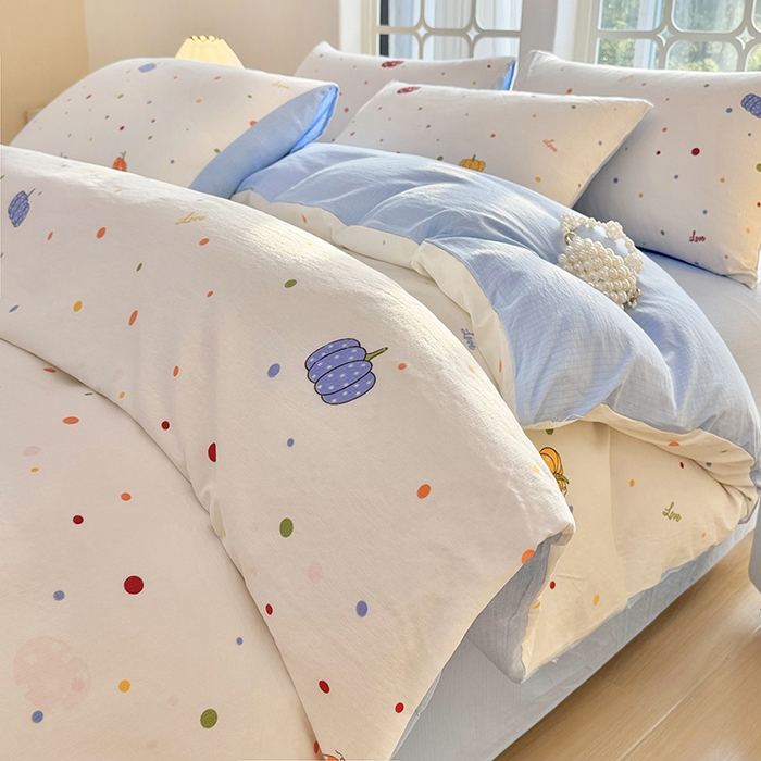 91家纺网 家纺一手货源 找家纺 悠米悠家 2026新款亲肤舒适木棉双层纱印花四件套 南瓜田园记