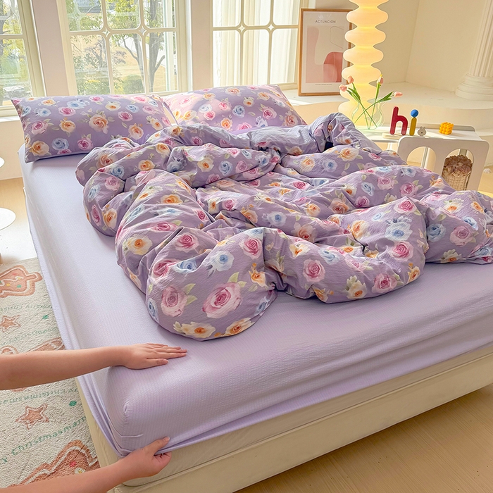 91家纺网 家纺一手货源 找家纺 悠米悠家 2026新款亲肤舒适木棉双层纱印花四件套 花漾玫瑰